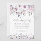 ソフトバイオレットパープルラベンダーホワイト結婚フローラズ 招待状 (正面)