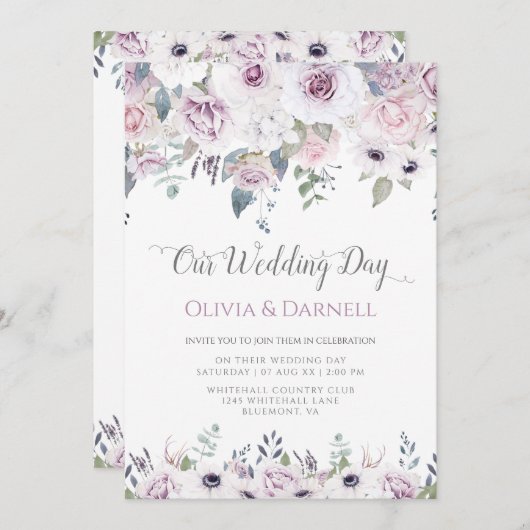 ソフトバイオレットパープルラベンダーホワイト結婚フローラズ 招待状 (正面/裏面)