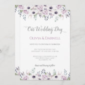 ソフトバイオレットパープルラベンダーホワイト結婚フローラ 招待状 (正面/裏面)