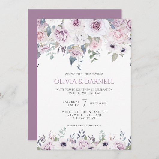ソフトバイオレットピンクラベンダーホワイトフローラ結婚ズI 招待状 (正面/裏面)