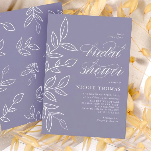 ソフトバイオレットミニマルエレガントリストリーフブライダルシャワー 招待状