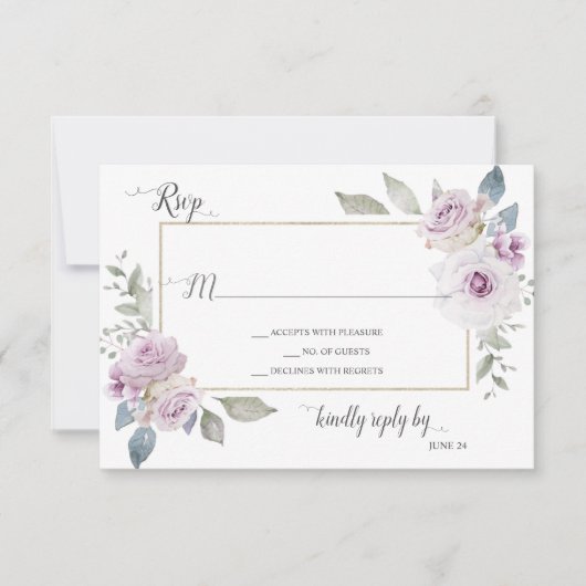 ソフトバイオレットラベンダーパープル金ゴールドバラRSVP 出欠カード (正面)