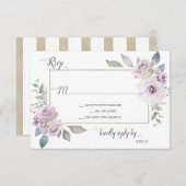 ソフトバイオレットラベンダーパープル金ゴールドバラRSVP 出欠カード (正面/裏面)