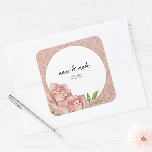 ソフトバイオレット赤面バラ水彩 スクエアシール (封筒)