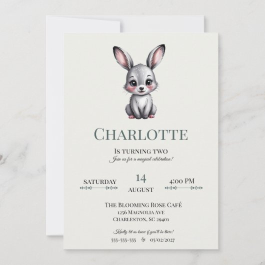 ソフトバニーニュートラルミニマリストウッドランド誕生日 招待状 (正面)