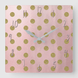ソフトバラピンク金ゴールドグリッターグラム水玉模様かわいい スクエア壁時計