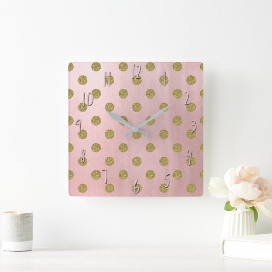 ソフトバラピンク金ゴールドグリッターグラム水玉模様かわいい スクエア壁時計 (ホーム)