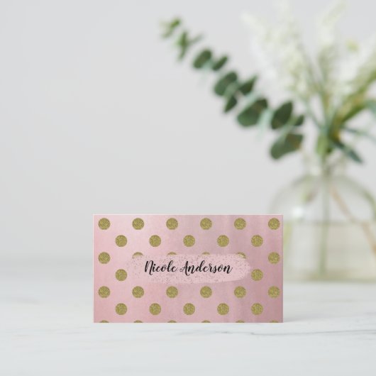 ソフトバラピンク金ゴールドグリッターグラム水玉模様かわいい 名刺 (スタンド正面)