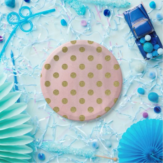 ソフトバラピンク金ゴールドグリッターグラム水玉模様パーティー ペーパープレート (パーティー)