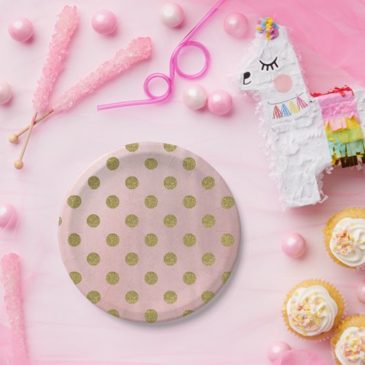 ソフトバラピンク金ゴールドグリッターグラム水玉模様パーティー ペーパープレート (パーティー)