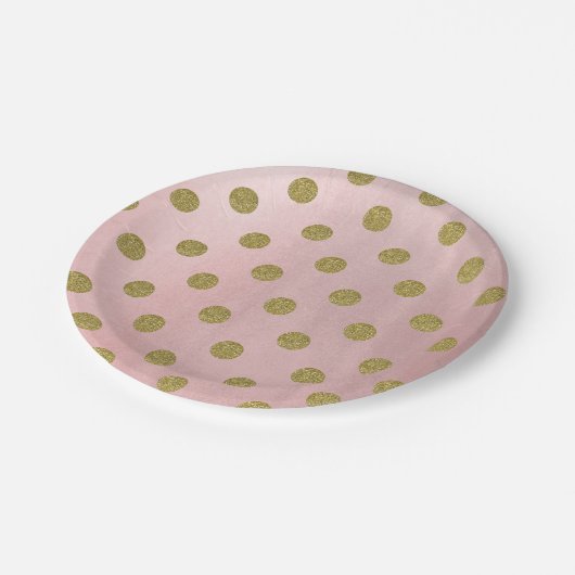 ソフトバラピンク金ゴールドグリッターグラム水玉模様パーティー ペーパープレート (アングル)
