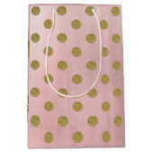 ソフトバラピンク金ゴールドグリッターグラム水玉模様パーティー ミディアムペーパーバッグ (正面)