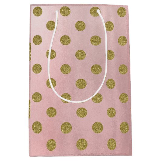 ソフトバラピンク金ゴールドグリッターグラム水玉模様パーティー ミディアムペーパーバッグ (正面)