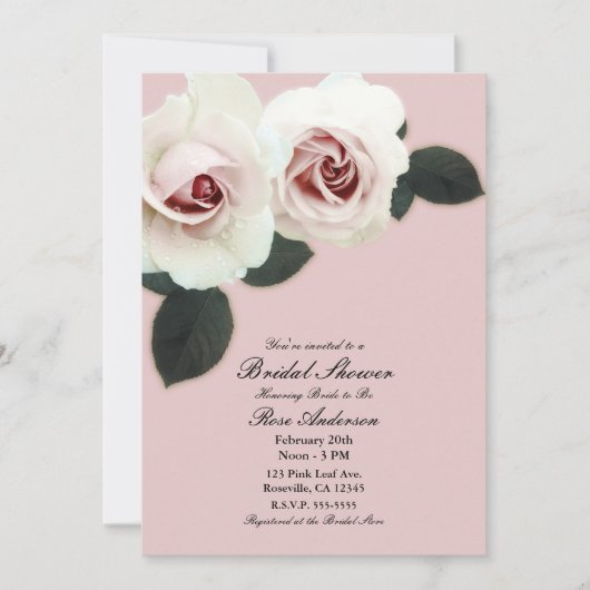 ソフトバラ赤面ピンクローズエレガントブライダルシャワー 招待状 (正面)