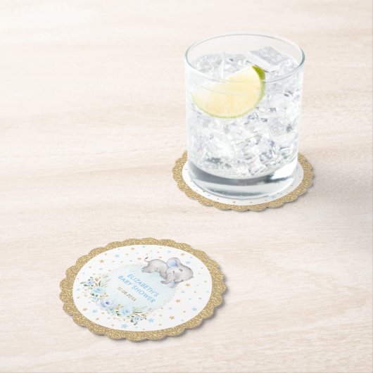 ソフトパウダーブルー金ゴールドスターズエレファントベビーシャワー ペーパーコースター (インサイチュ)