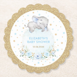 ソフトパウダーブルー金ゴールドスターズエレファントベビーシャワー ペーパーコースター