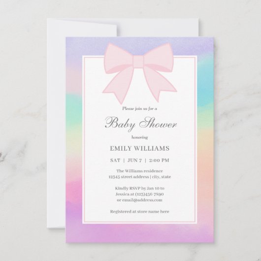 ソフトパエレガントステルピンクボウガールベビーシャワー 招待状 (正面)