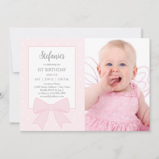 ソフトパエレガントステルピンクボウファースト誕生日写真 招待状 (正面)