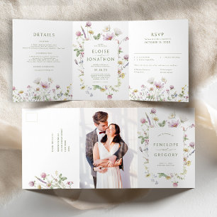 ソフトパエレガントステルワイルドフラワーボタニッ結婚クス 三つ折り案内状