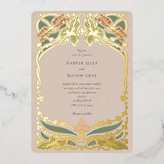 ソフトパステルアールヌーボードラゴンフライ結婚ズ 箔招待状 (正面)