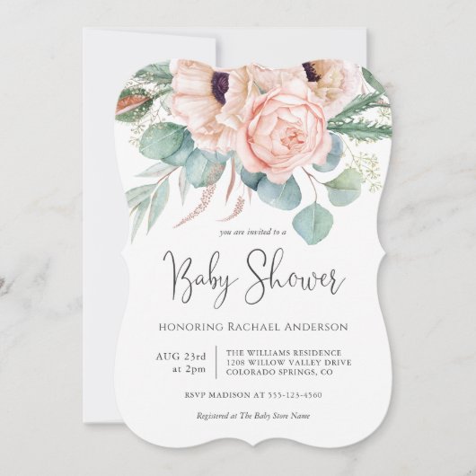ソフトパステルウォーターカラーフローラガールベビーシャワー 招待状 (正面)