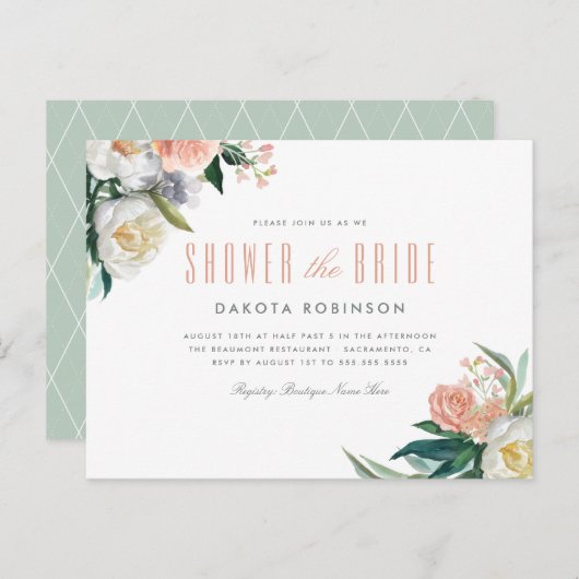 ソフトパステルウォーターカラーフローラブライダルシャワー インビテーションポストカード (正面/裏面)