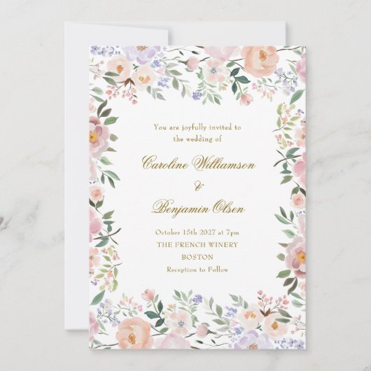 ソフトパステルウォーターカラーフローラ庭園の結婚式 招待状
