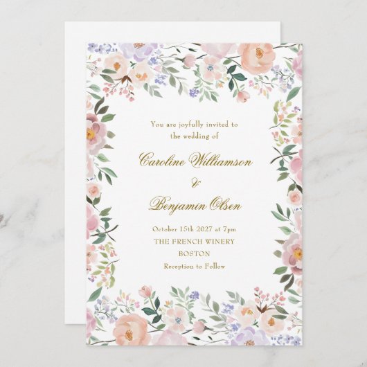 ソフトパステルウォーターカラーフローラ庭園の結婚式 招待状 (正面/裏面)