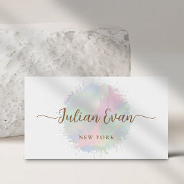ソフトパステルウォーターカラーホログラフィックスクリプトホワイト 名刺