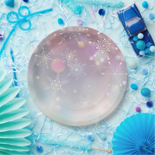 ソフトパステルカラーのスノーフレークパターン《写真》ぼけ味 ペーパープレート (パーティー)