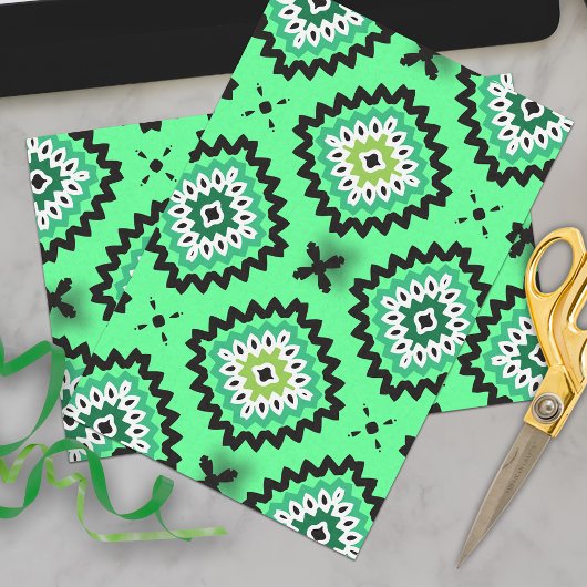 ソフトパステルグリーンエスニックボホジオメトリックパターン 薄葉紙