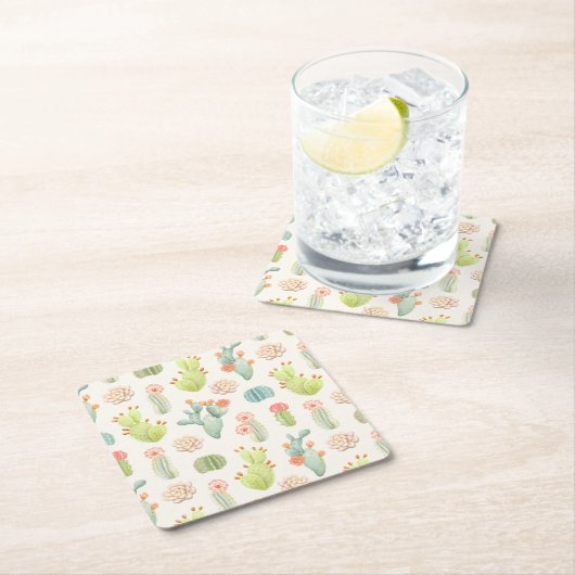 ソフトパステルサボテン&多肉模様 スクエアペーパーコースター (インサイチュ)