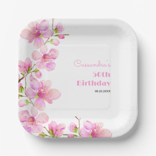 ソフトパステルピンクさくらんぼブロッサム桜誕生日 ペーパープレート (正面)