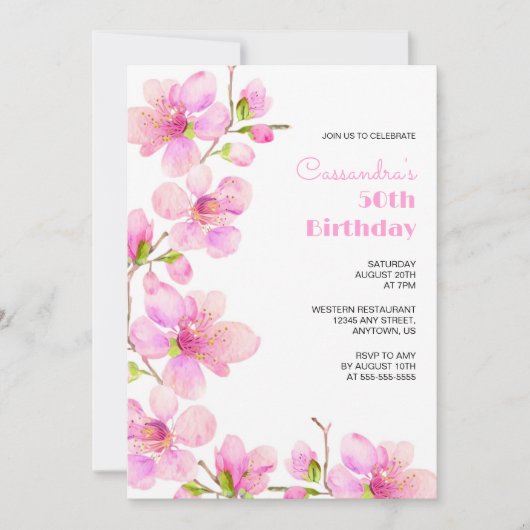 ソフトパステルピンクさくらんぼブロッサム桜誕生日 招待状 (正面)