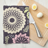 ソフトパステルピンクとティール（緑がかった色）フラワーヴィンテージボタニカL キッチンタオル (四つ折り)