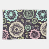 ソフトパステルピンクとティール（緑がかった色）フラワーヴィンテージボタニカL キッチンタオル (横)
