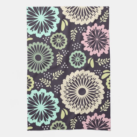 ソフトパステルピンクとティール（緑がかった色）フラワーヴィンテージボタニカL キッチンタオル (縦)