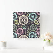 ソフトパステルピンクとティール（緑がかった色）フラワーヴィンテージボタニカL スクエア壁時計 (ホーム)