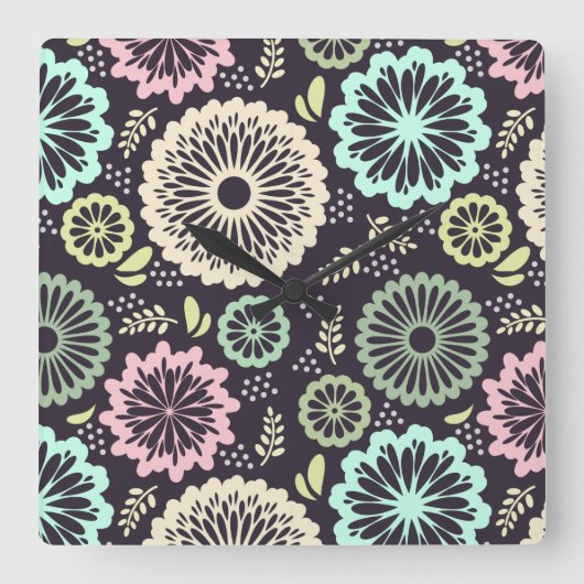 ソフトパステルピンクとティール（緑がかった色）フラワーヴィンテージボタニカL スクエア壁時計 (正面)