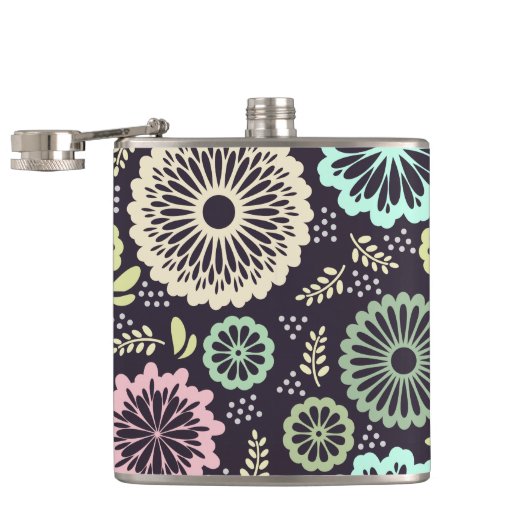 ソフトパステルピンクとティール（緑がかった色）フラワーヴィンテージボタニカL フラスク (オープン)