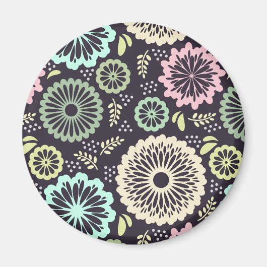 ソフトパステルピンクとティール（緑がかった色）フラワーヴィンテージボタニカL マグネット (正面)