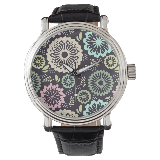 ソフトパステルピンクとティール（緑がかった色）フラワーヴィンテージボタニカL 腕時計 (正面)