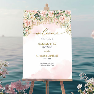 ソフトパステルピンクのバラと金ゴールド結婚の歓迎 ポスター