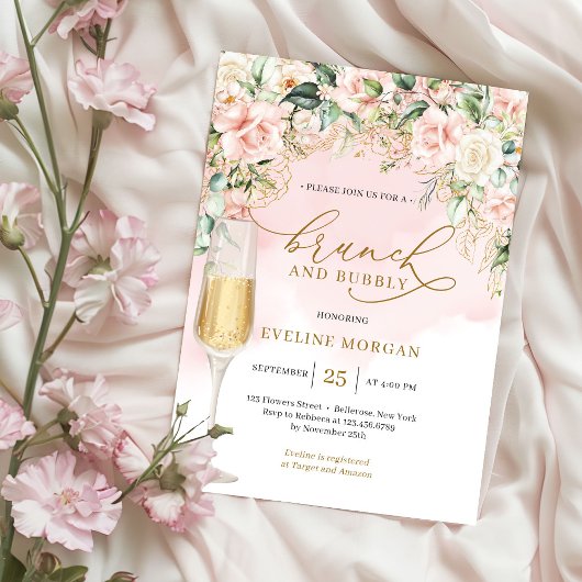 ソフトパステルピンクのバラ&金ゴールドブランチと泡立ち 招待状