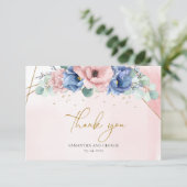 ソフトパステルピンクの埃っぽいブルーの金ゴールド結婚フレーム サンキューカード (スタンド正面)