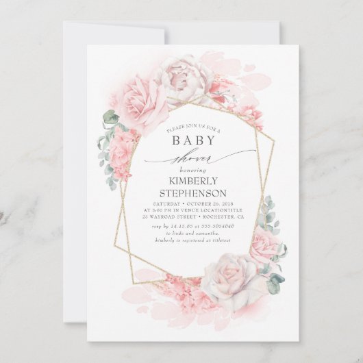 ソフトパステルピンクの花エレガント赤ちゃんシャワー 招待状 (正面)