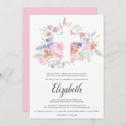 ソフトパステルピンクフローラクロスバプテスマ 招待状 (正面/裏面)