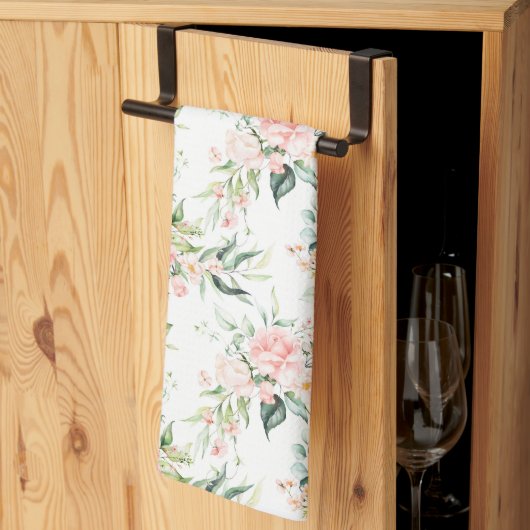 ソフトパステルピンクローズフラワーパターン キッチンタオル (三つ折り)