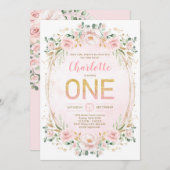 ソフトパステルピンクローズ赤面金ゴールドガール1stバースデー 招待状 (正面/裏面)