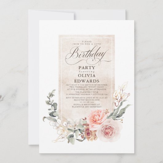 ソフトパステルフラワーズボホエレガントバースデーパーティー 招待状 (正面)